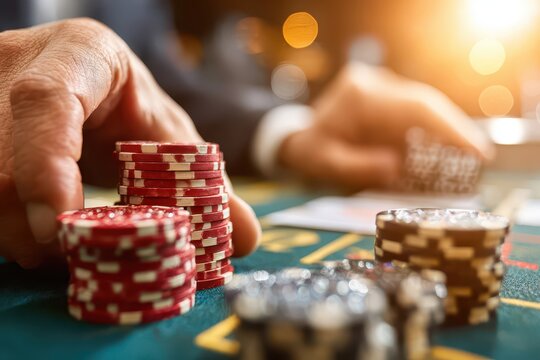Close-up of a hand placing poker chips on a green casino table, gambling action.