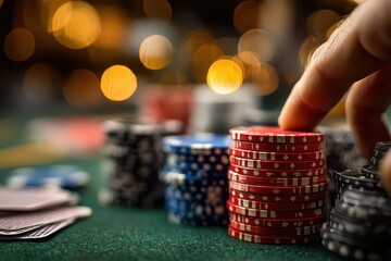 Close-up of a hand placing a stack of red poker chips on a vibrant green casino table.