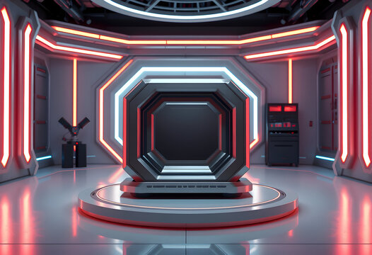 Futuristic Sci-Fi Chamber with Central Platform and Neon Lighting