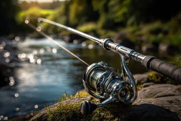 Modern fishing rod and reel equipment set up by a tranquil river, bokeh.