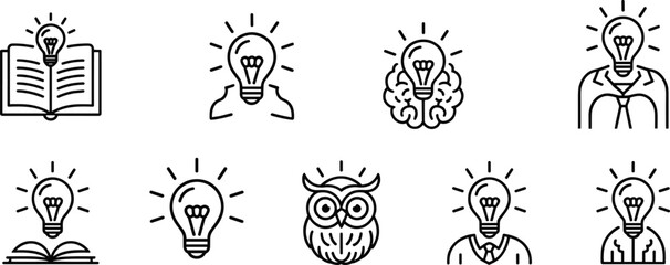Light bulb icons, idea, knowledge, wisdom, book, brain, person, suit, learning, education, intelligence, creativity, flat vector illustration