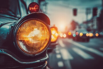 Gleaming vintage car headlight on a city street at dusk, with beautiful bokeh.