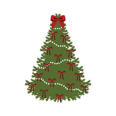 Christmas tree with color bows. New year decoration. Christmas decor. Bows set. Simple hand drawn ribbon bows. Bowknot for decoration, set of bowtie. Retro Christmas card . Wonderful winter time.