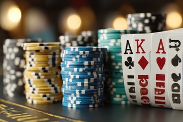 Close-up of poker chips and playing cards on a table, ready for a game.