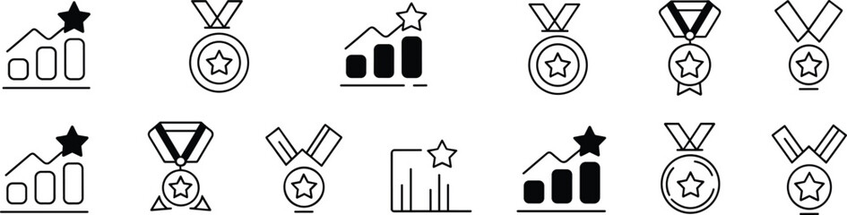 Achievement icons, award, medal, trophy, growth chart, star, performance, success, recognition, excellence, winner symbol, flat vector illustration