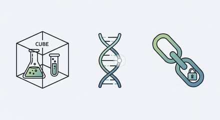 Biotechnology Icons Cure in a Cube DNA Helix and Secure Blockchain Link.