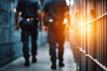 Fototapeta premium Justice System: Hand behind prison bars, blurred officers, dramatic light.