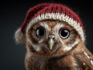 Obraz premium Baby owl wearing a cozy Christmas hat looks adorable