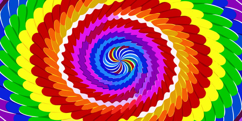 A vibrant tie-dye spiral pattern with bold, saturated rainbow colors including red, orange, yellow, green, blue, and purple. The design radiates outward from the center in a hypnotic swirl, creating a