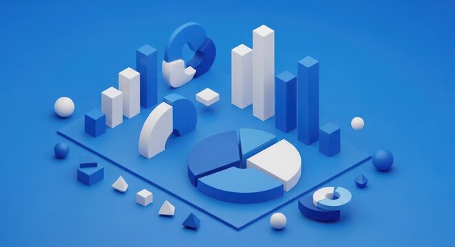 3d illustration of isometric 3d infographic elements including bar charts, pie charts, and geometric shapes on a blue background, representing data analysis