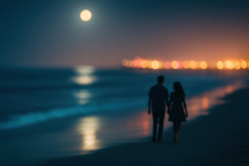 Romantic Moonlit Stroll On Beach With Soft City Lights