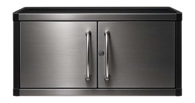 Metal tool cabinet with lockable doors for securing equipment in an industrial setting.