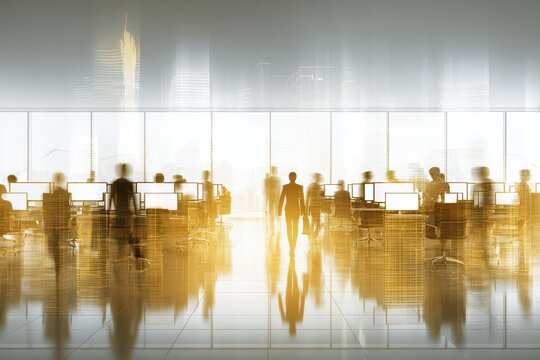 Dynamic office environment with blurred business people and digital city overlay