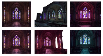 Gothic chapel interior stained glass backgrounds set