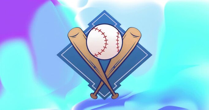 On start baseball emblem with crossed bats rotating to show red stitch pattern over gradient