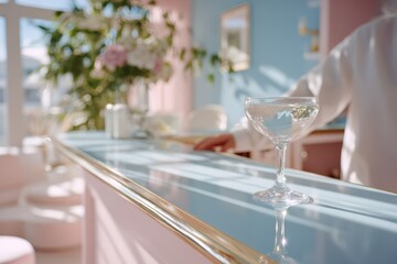 Clear drink in elegant coupe glass on a modern pastel blue bar counter.