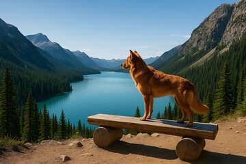 Dog enjoys breathtaking view over tranquil lake in mountainous landscape during daylight