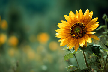Fototapeta premium Single sunflower with golden petals in sharp focus blurred green meadow background perfect for nature blog or poster