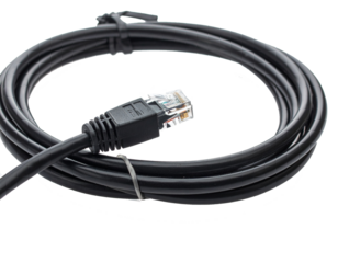 Ethernet cable isolated on white background, clearly displayed, showcasing the connector, cord, and insulation. Essential for networking, internet connectivity, data transfer, and communication, empha