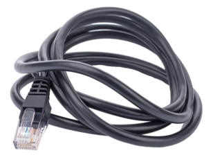 Ethernet cable isolated on white background, clearly displayed, showcasing the connector, cord, and insulation. Essential for networking, internet connectivity, data transfer, and communication, empha