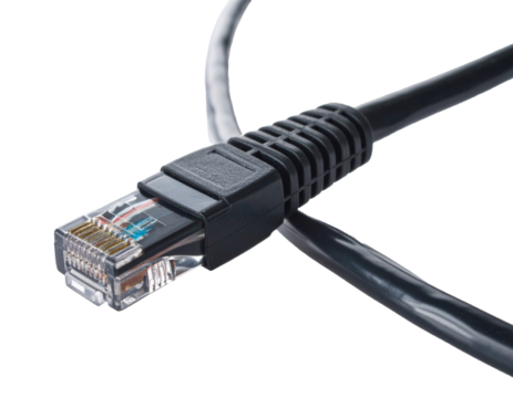 Ethernet cable isolated on white background, clearly displayed, showcasing the connector, cord, and insulation. Essential for networking, internet connectivity, data transfer, and communication, empha