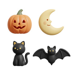 A collection of Halloween-themed figures, including a smiling pumpkin, a crescent moon, a black cat, and a bat, all in playful designs.