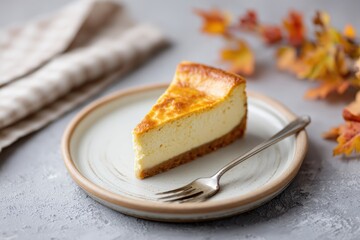 Delicious cheesecake slice on a rustic plate, garnished with autumn leaves, showcasing creamy texture and golden crust, perfect for dessert lovers and seasonal celebrations