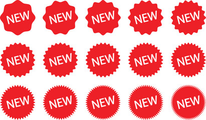 Price tag and discount label set, glossy red promo sticker icons. Sunburst starburst deal tags, new arrival vector badges, round sale symbols, flat style offer labels.