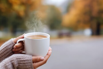 Woman holding a steaming cup of coffee in cozy knitted sweater, surrounded by autumn foliage, enjoying a tranquil moment in nature's warm embrace