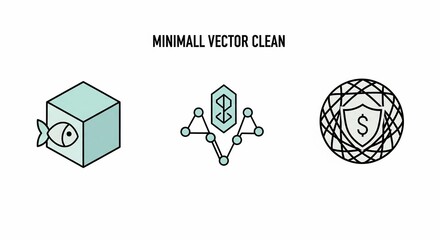 Set of Three Minimalist Vector Icons Isometric Fish Cube Network and Global Security Shield.