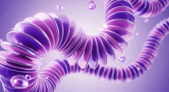 3d illustration of abstract purple and pink spiral structure with floating spheres and bubbles on a soft purple background, 3d render - Powered by Adobe