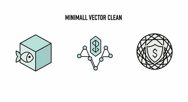 Set of Three Minimalist Vector Icons Isometric Fish Cube Network and Global Security Shield.