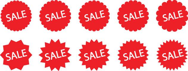 Starburst sticker and price label set. Sale stickers, red price label, discount sticker pack, Sunburst discount icons, red promo badge collection, round special offer tags, flat design sale symbols.