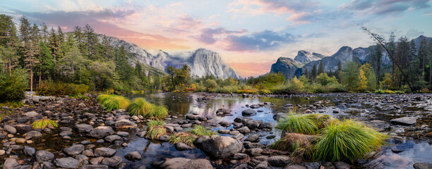 Yosemite valley nation park during sunset view from tunnel view on twilight time. Yosemite nation park, California, USA
