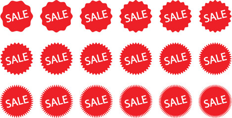 Set of red starburst sale tags, sale stickers, red price label, discount sticker pack, discount label bundle, promo badge collection. Price sticker icons, vintage sunburst circle labels	