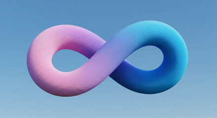 A 3d render of an infinity symbol with a pixelated texture, blending from pink to blue against a clear blue sky background