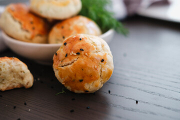 turkish savory pastry pogaca with dill and black sesame or cumin,