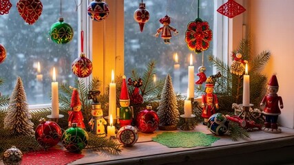 A cozy Christmas window display adorned with traditional holiday decorations, including colorful baubles, wooden figurines, and flickering candles. Snow falls outside, creating a festive, heartwarming - Powered by Adobe
