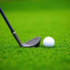 Golf club rests beside ball on lush green grass, putting, club, background