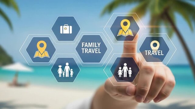 Finger touching family travel icons on beach background with palm trees and blue ocean view - Powered by Adobe