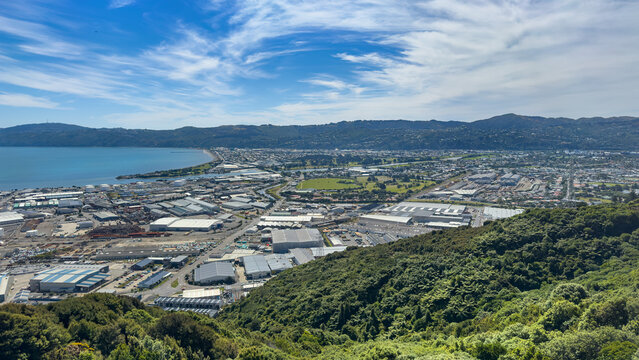 Fototapeta Lower Hutt, New Zealand. Wide view from Wainuiomata Hill. Seaview, Petone and Hutt River in foreground.