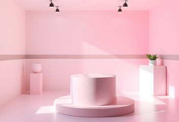 Pink minimalist art gallery interior with spotlights and podium