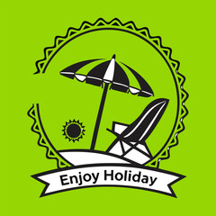 Beach-themed monochrome logo badges. elements like palm trees, beach chairs, surfboards, and sun umbrellas. The designs use decorative ribbons, circular frames, and text like 'Summer', 'Beach', icons.