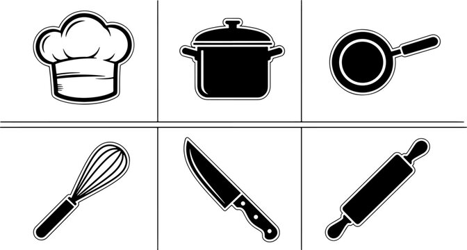 A collection of six kitchen utensils including a chef hat pot pan whisk knife and rolling pin icons