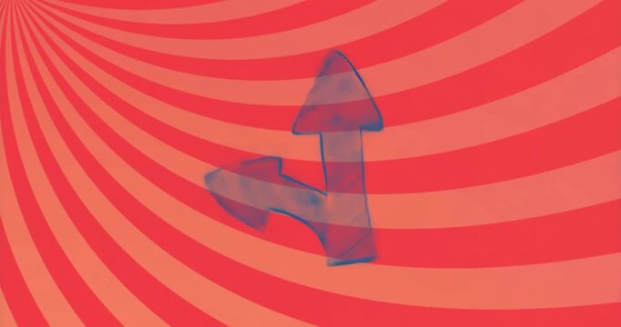 Starting with red peach swirl, blue outline arrows shifting shape and opacity for pulsating effect
