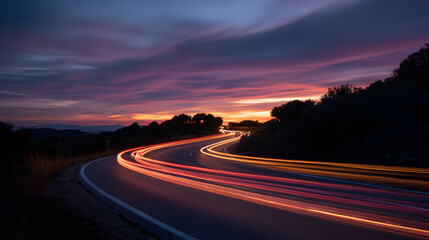 Twilight view of winding road with streaks of car lights under dramatic purple and orange sky scenic night scene
