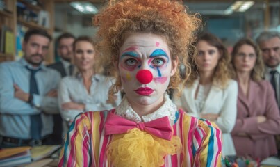 A clown in a serious office setting