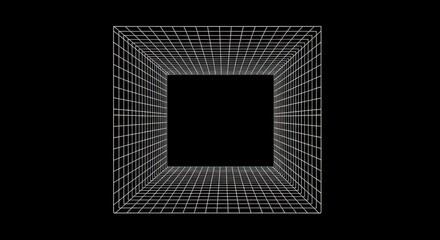 3d illustration of 3d rendering of a glowing square tunnel made of digital grid lines, creating a futuristic and technological portal effect