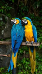 Obraz premium Two parrots perched on a branch