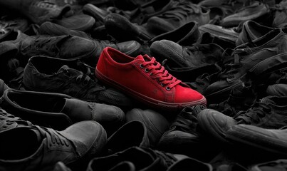 A single red shoe amidst many black shoes